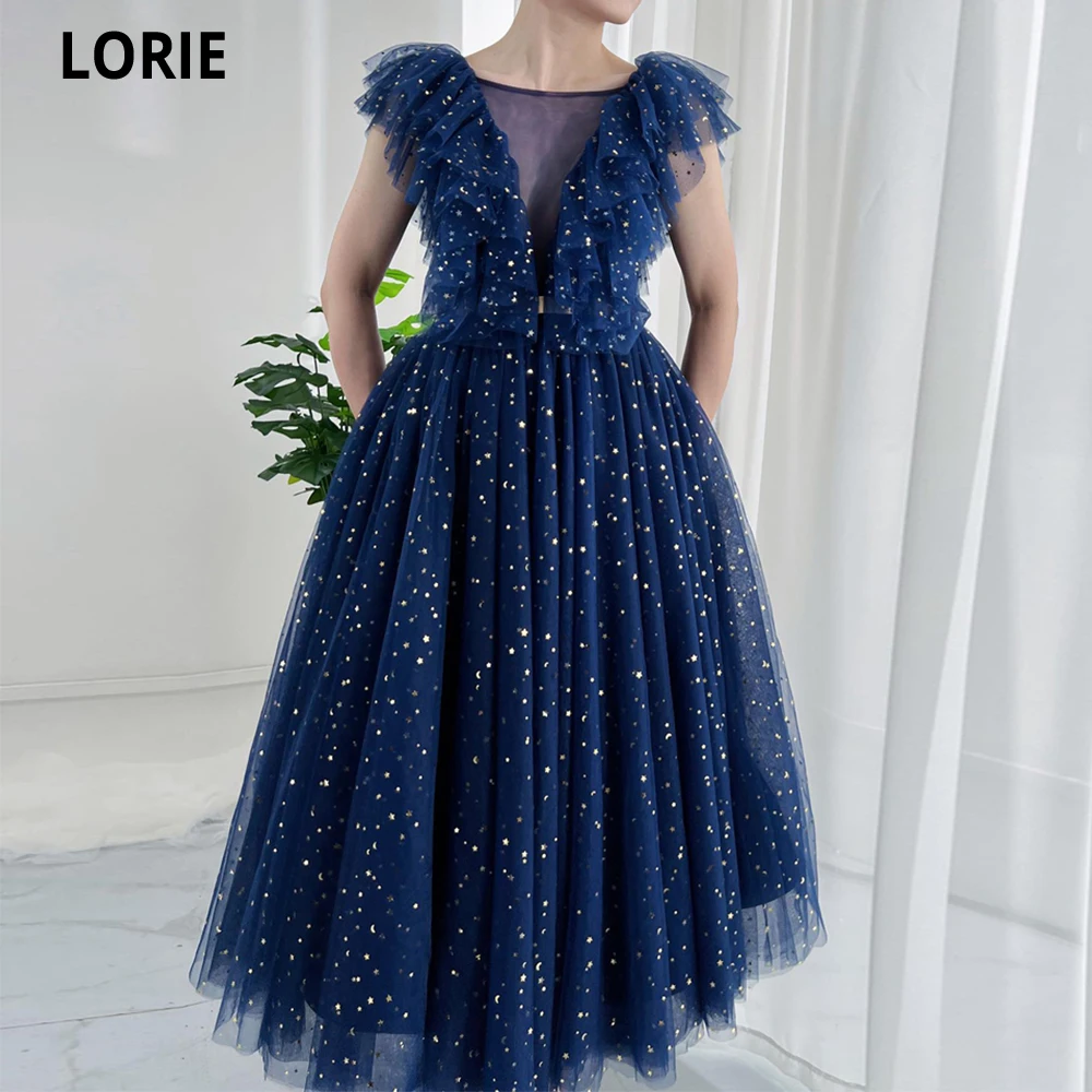 

LORIE Tulle A-line Evening Dresses Vestidos De Gala High Neck Ruffles Shiny Navy Blue Party Dresses Formal Gowns Evening Gowns