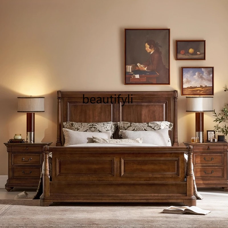

Modern classic solid wood double bed storage bedside table, log brown bedroom bed