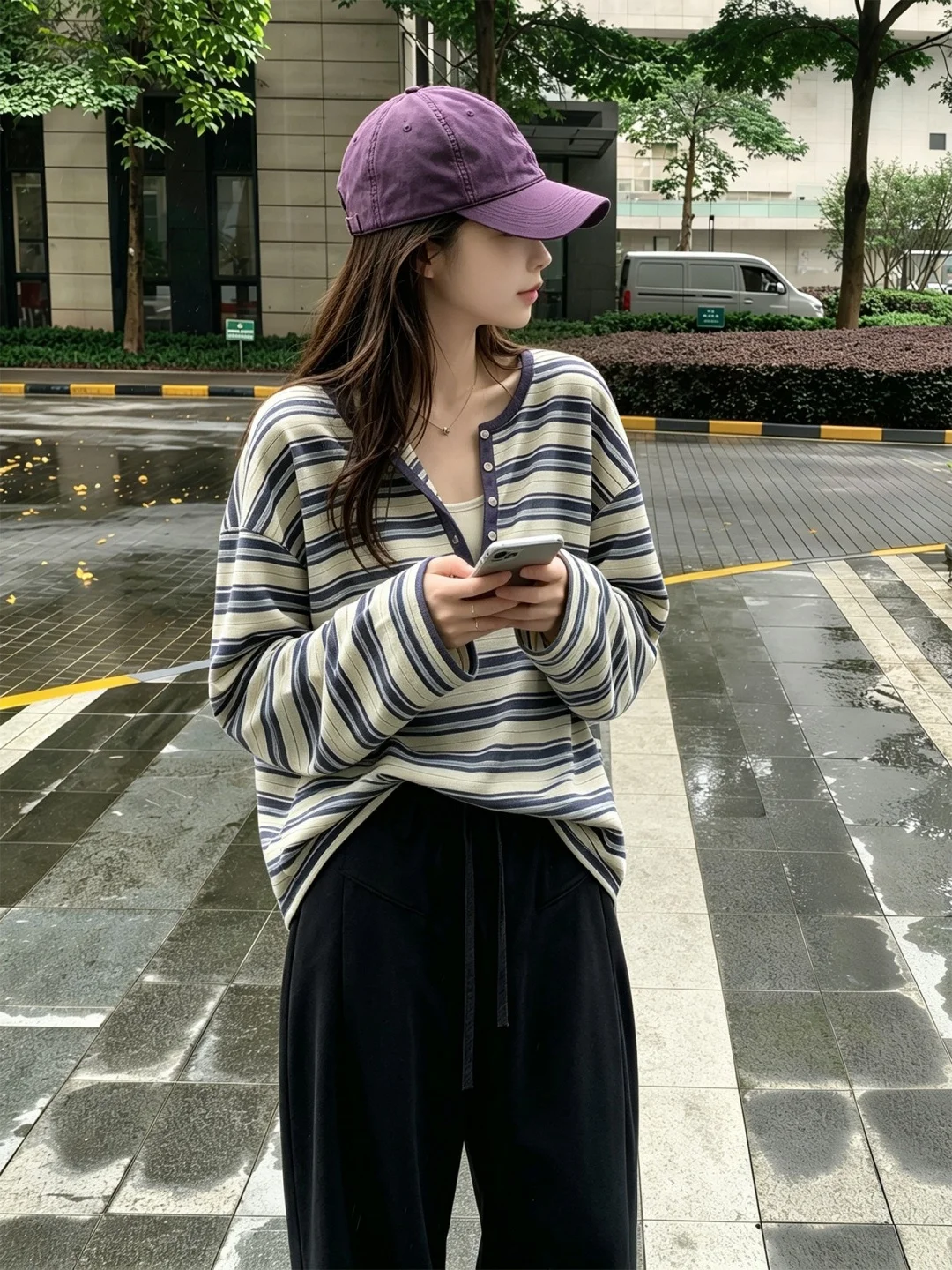 Women's Long Sleeve T-Shirt Button up Striped Casual Loose Fit Autumn Top Gentle High Knowledge Fashionable Sea Salt Blue White