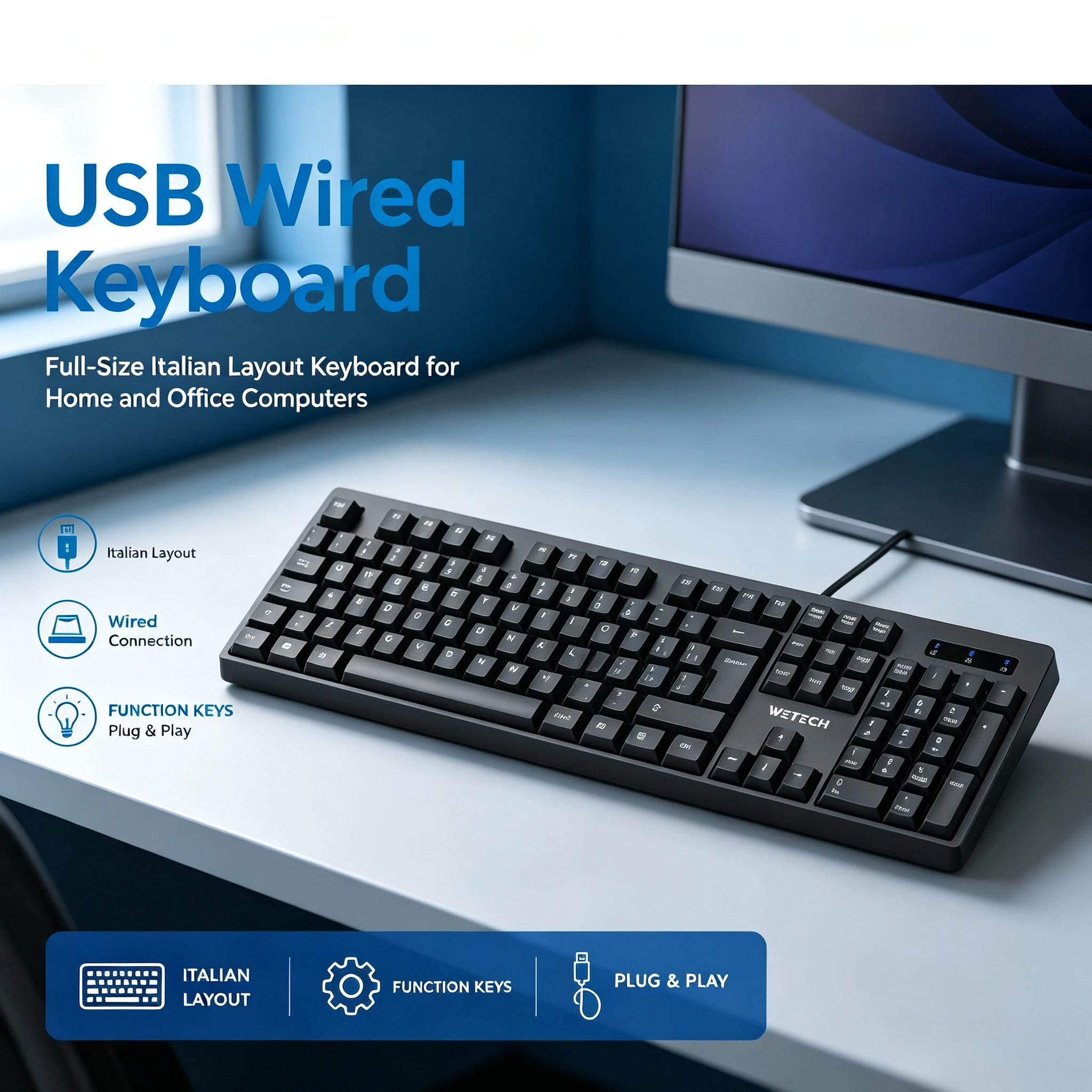 Teclado Mecánico con Cable USB WETECH WK05, Diseño QWERTY Italiano, Teclado Retroiluminado de Tamaño Completo con Teclado Numérico