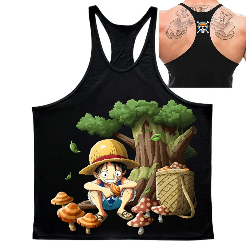 เสื้อกล้ามผ้าฝ้ายระบายอากาศสำหรับผู้ชายลายตัวละครอนิเมะยอดนิยมวันพีซ มุงค์ ดี ลูฟี่ รุ่นซัมเมอร์ 2025