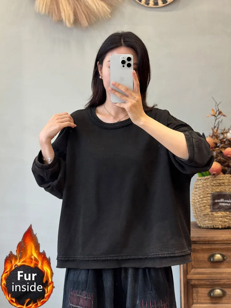 Amax LuluE 2025 Inverno Coreano Classico Solido Vestiti Delle Donne Dell'annata Casual O-Collo di Pelliccia T-Shirt Donne di Modo Classico di Cotone Magliette E Camicette