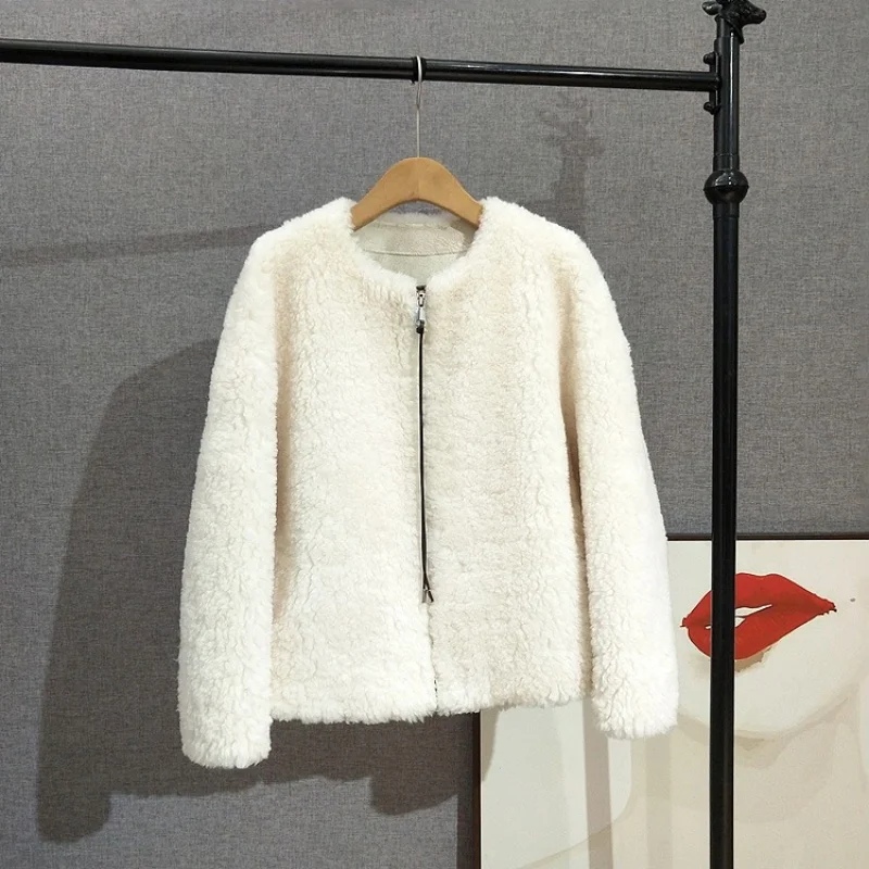 2025 Autumn/Winter New Casual Loose Round Neck Lamb Fur Coat Pure Wool Fur Warm Women Jacket JT509