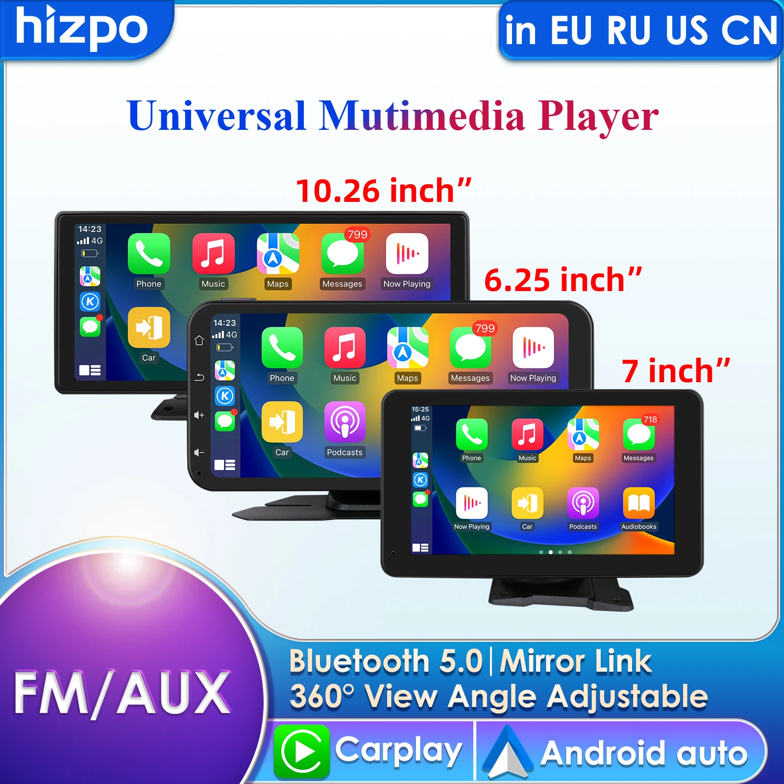 10.26'' Universal Rotatable 360° Adjustable Screen Car Radio Multimedia Video Player Carplay Android Auto USB AUX of Rear Camera