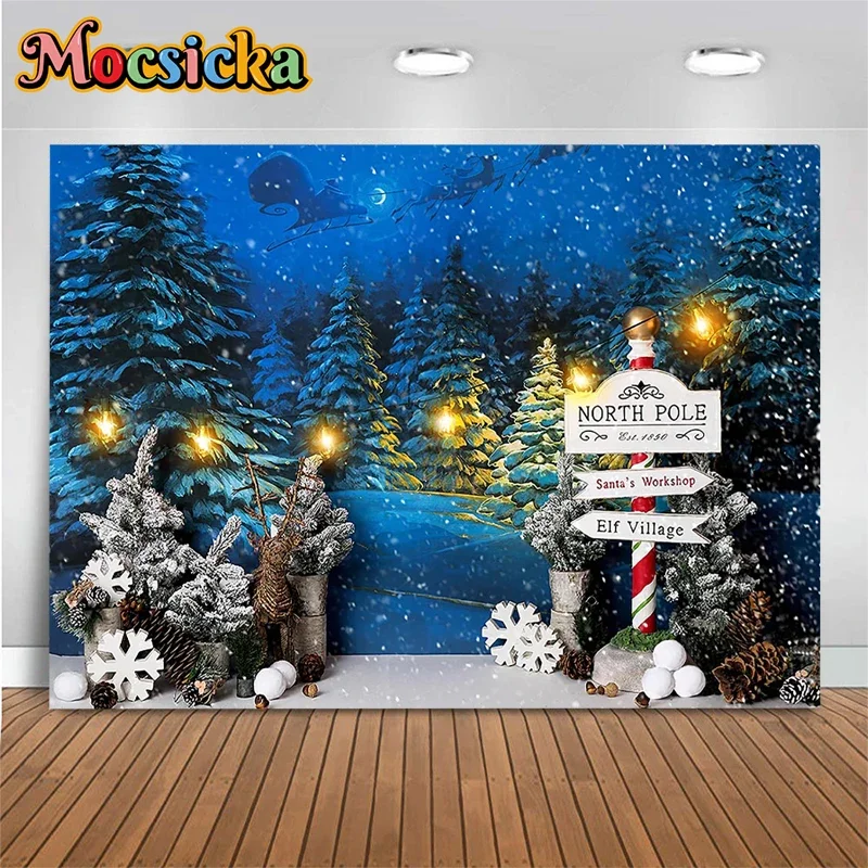 Mocsicka Christmas Decoration Photography Background Xmas Tree Night Sky Moon Stars Window Lights Forest Photo Backdrops Props