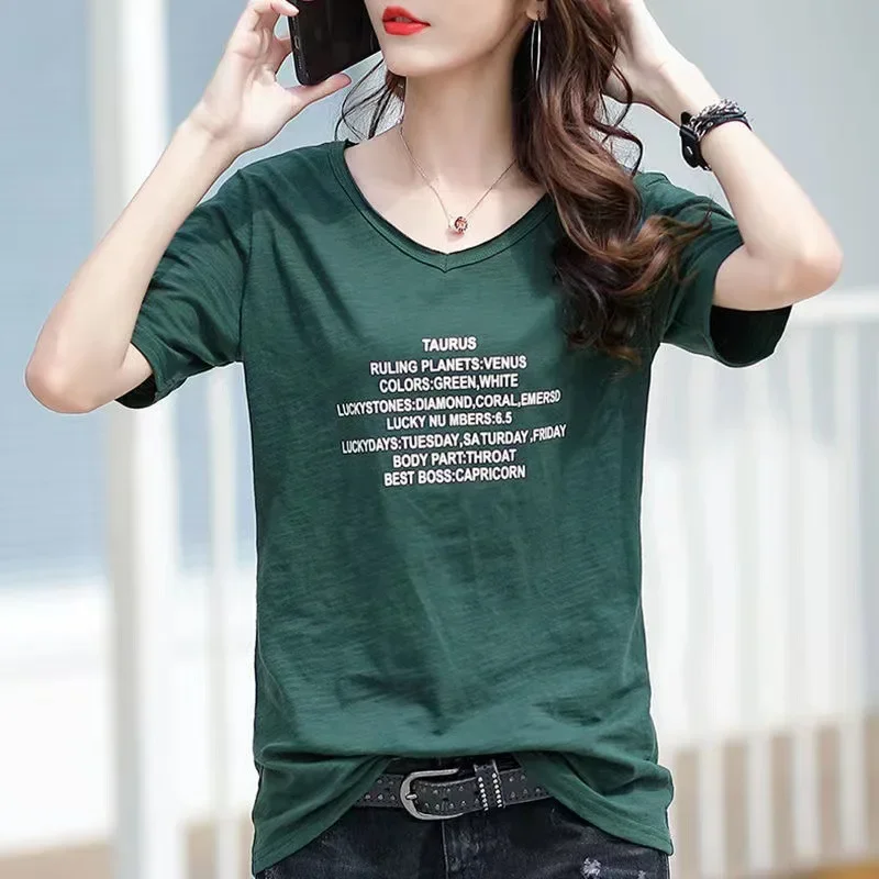 Women Short Sleeved T-shirt Pure Cotton Letter Printed V-neck Loose and Versatile Top Summer Women's Clothing