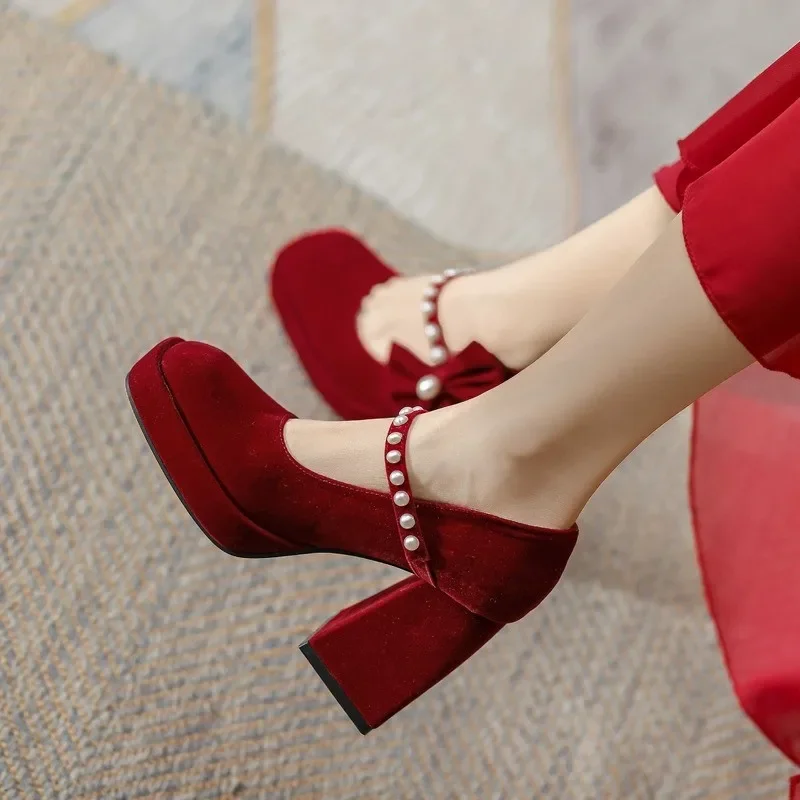 2024 New Women High Heels Mary Jane Comfort Shoes Party Wedding White Red Ruffles Bow Princess Lolita Pumps Size 34-40