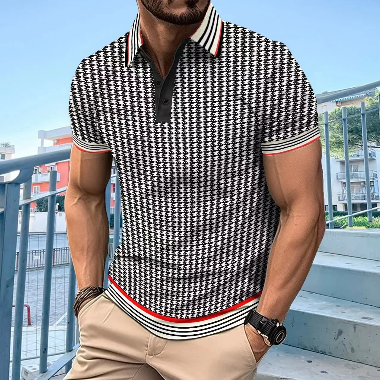 Men 2024 The latest business casual high-end T-shirt thousand bird check all short sleeve polo shirt