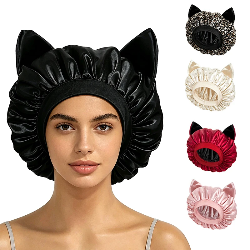 Satin Sleep Bonnet for Women with Cat Ears, Cute Night Cap for Curly Hair, Anti-Frizz Hair Protector, Curl Definition Hat