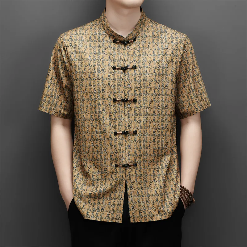 National Style Premium Shirts For Men Short Sleeve Skin-Friendly Summer Quality Tang Costume Frog Button Print Camisas De Hombre