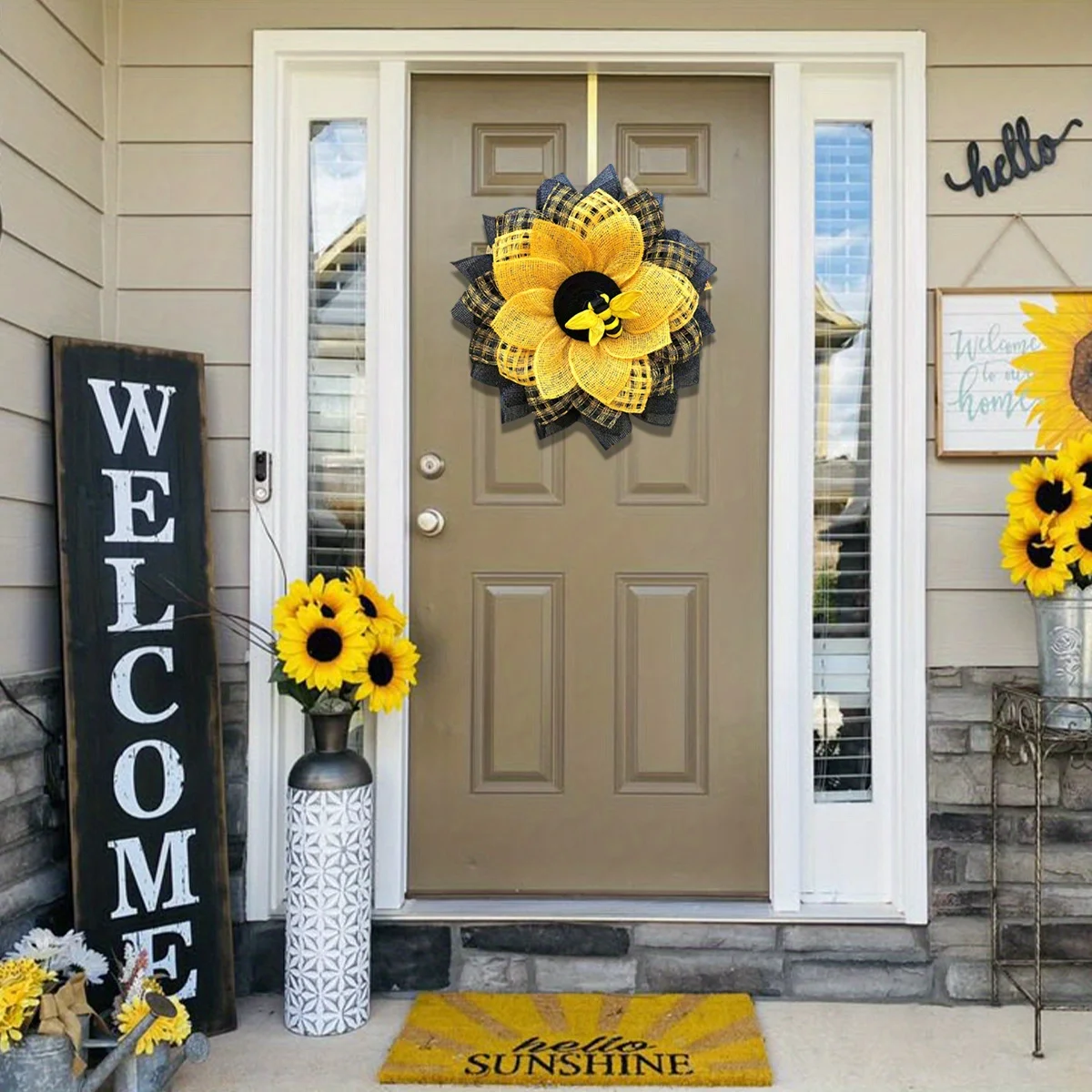 

Sunflower Bee Wreath for Front Door Wall Decor, Handmade Artificial Sunflower Hanging Wreath Bee Decoration Front Door