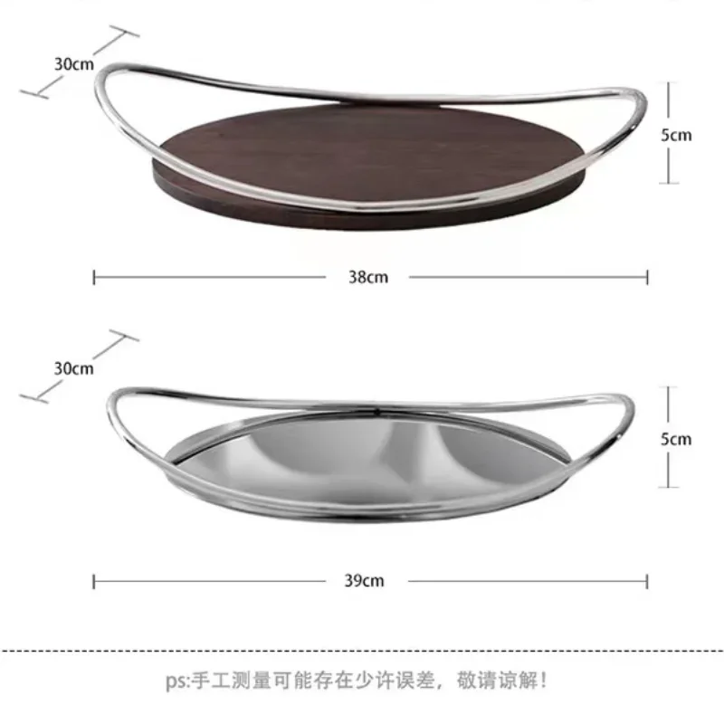 Oval Wooden Stainless Steel Tray Creative Oval Handle Storage Trays Metal Aromatherapy Mirror Cosmetic Storage Home Decorative