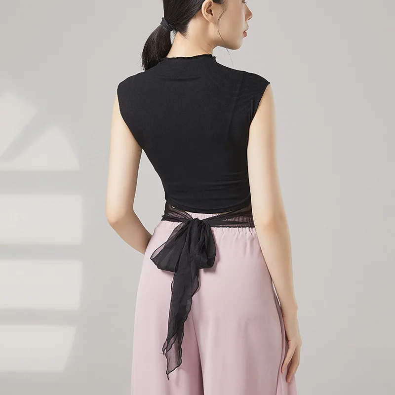 

Women’s Modern Dance t-Shirt Middle Collar Ballet Dance Crop Top Back Bandage Elegante Threaded Yoga Blouse Dancing Costume