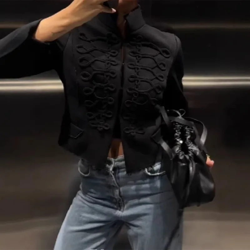2026 New Solid Three-dimensional Pattern Vintage Stand Collar Single Breasted Slim Short Jackets Black Daily Street Coat Women
