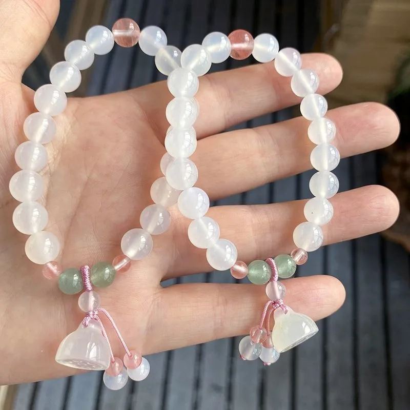 Natural Lychee Frozen Chalcedony Lotus Pod Bracelet, White Agate Round Bead Women's Versatile Bracelet.