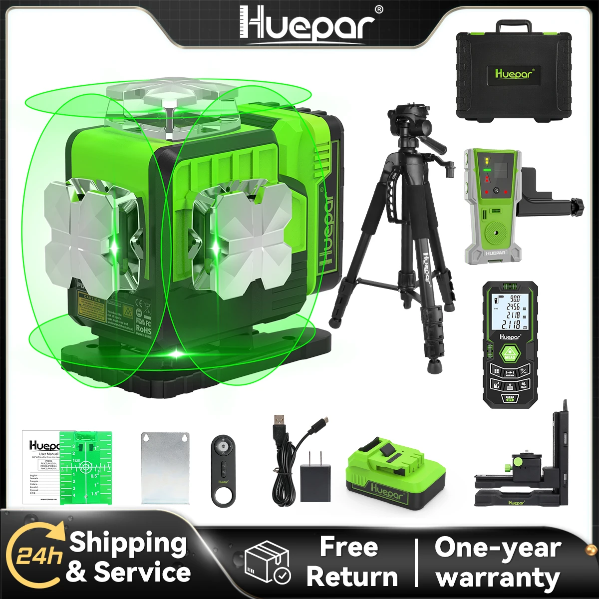 Huepar-nível Laser com Receptor Tripé Rangefinder 4d Verde Auto-nível Ferramenta Laser Bluetooth Controle Remoto Hard Case 16 Linhas