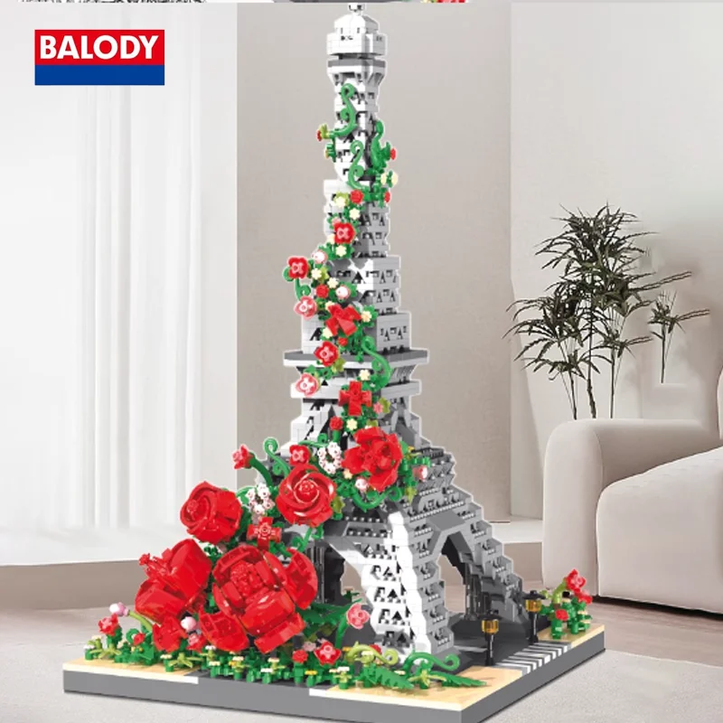 BALODY Originality Retro Style Building Blocks Eiffel Tower Flower Surround Design Luxury Tabletop Decor Kids Christmas Gift