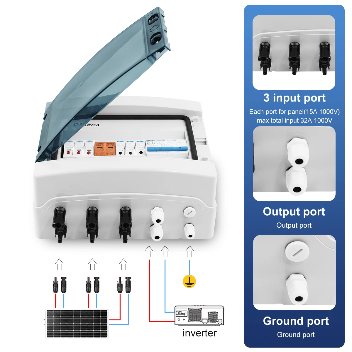 Solar photovoltaic PV Combiner Box With Lightning Protection 3 input 1 out DC 1000V Fuse MCB SPD Waterproof Box IP65 12ways