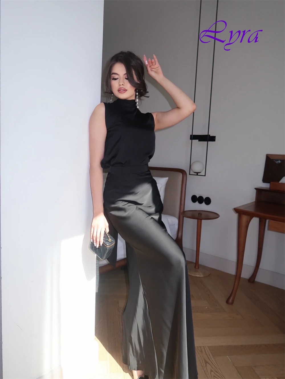 فستان سهرة أنيق مخصص برقبة دائرية وفساتين مناسبة خاصة من الساتان الرائعة وفساتين حفلات بدون أكمام