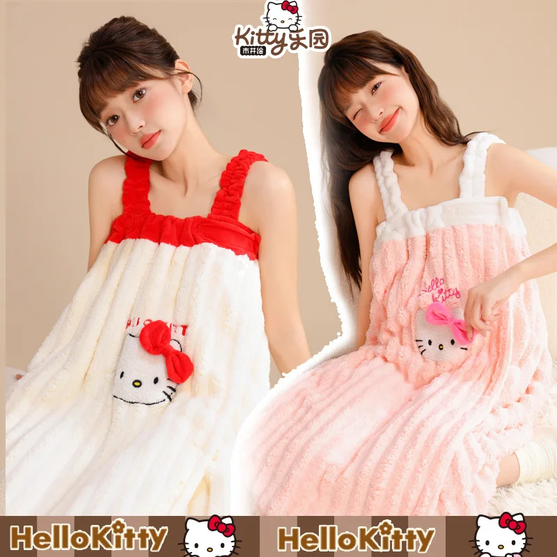 Cartoon Hello Kitty Coral Velvet Pure Cotton Absorbent Bath Skirt, Kawaii Thickened Warm Bath Towel, Sweet Girly Heart Nightgown