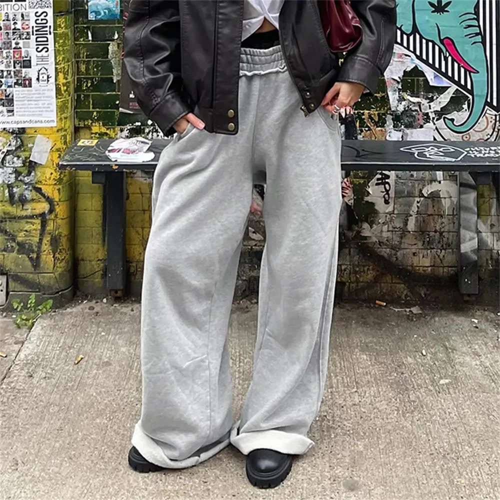 Pantalones básicos holgados de gran tamaño para mujer, pantalones de chándal grises, Jogger de moda coreana, ropa de calle de Hip Hop, pantalones de pierna ancha Harajuku sueltos informales