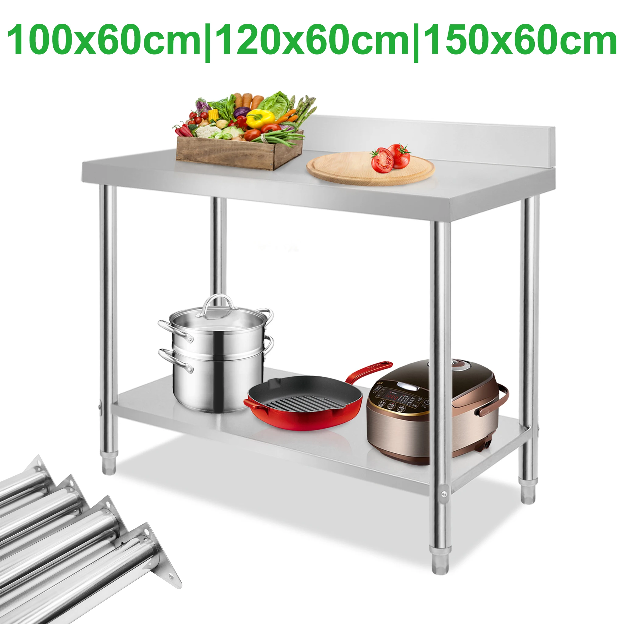 Table de travail en acier inoxydable avec rebord, table de cuisine en acier inoxydable 100cm/120cm/150cm, table de préparation robuste avec étagère inférieure et pieds réglables, table de travail commerciale