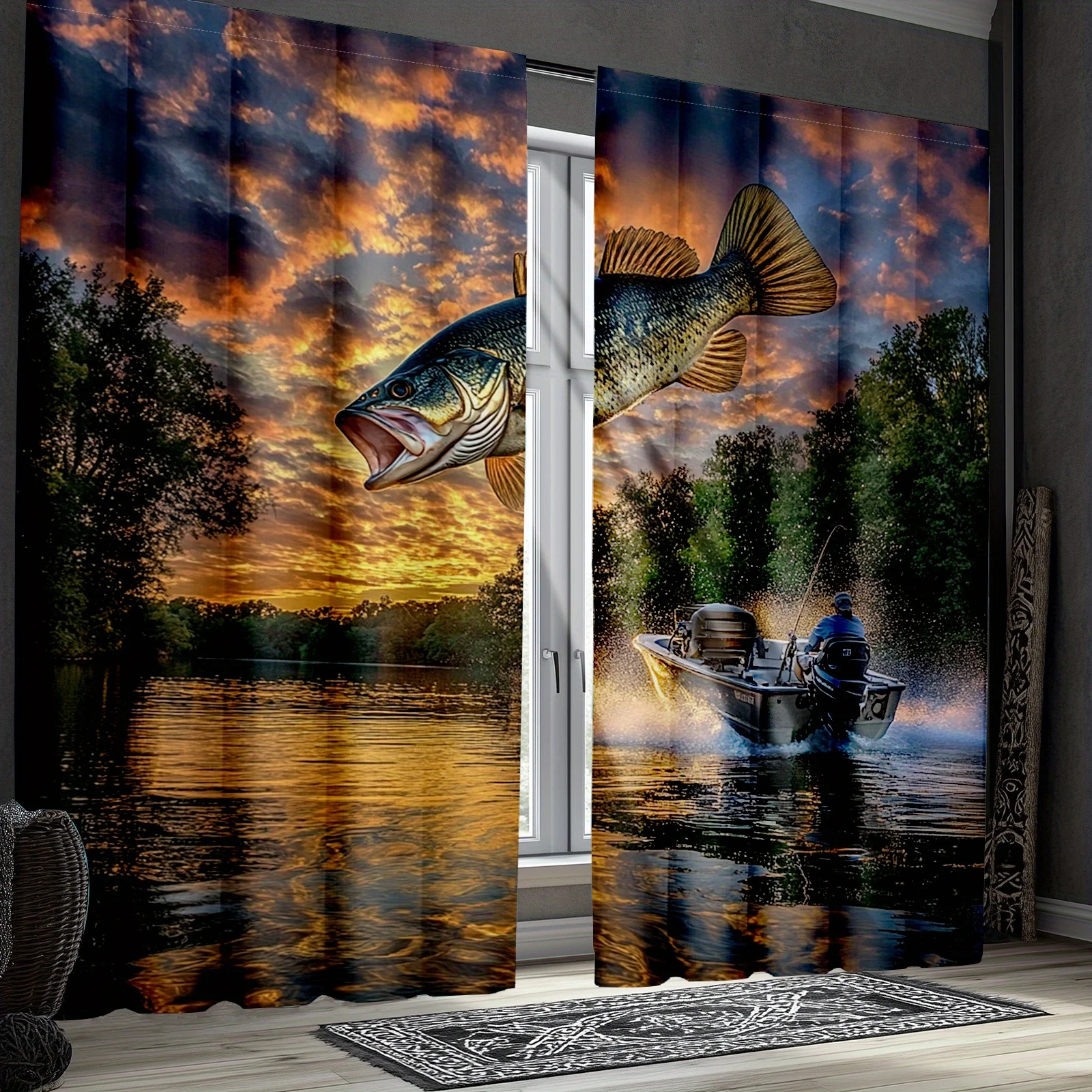 2pcs Sunset Bass Fish Curtains - Vibrant Lake Scene with Angler, Semi-Transparent Polyester, Rod Pocket Design for Easy Hanging,