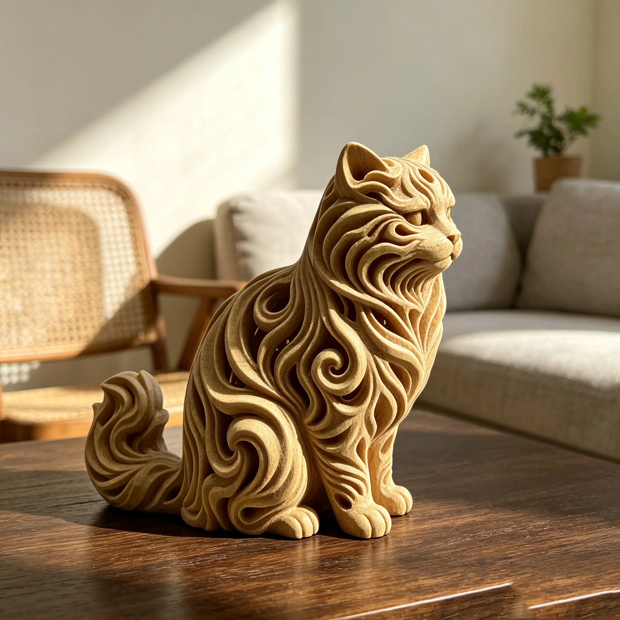 Vintage Hohlgeschnitzte Katzenfigur 3D-Gedruckt mit Holzimitat-Textur Langhaarige Katzenstatue Kunsthandwerk Dekoration für Zuhause und Schreibtisch – Detail 5
