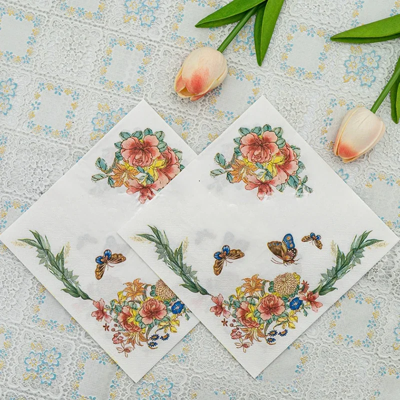 20pcs/Pac Colorful Butterfly Flower and Grass Printed Napkins Butterfly Valley Bart Paper Wedding Pure Wood Pulp Paper Placemats