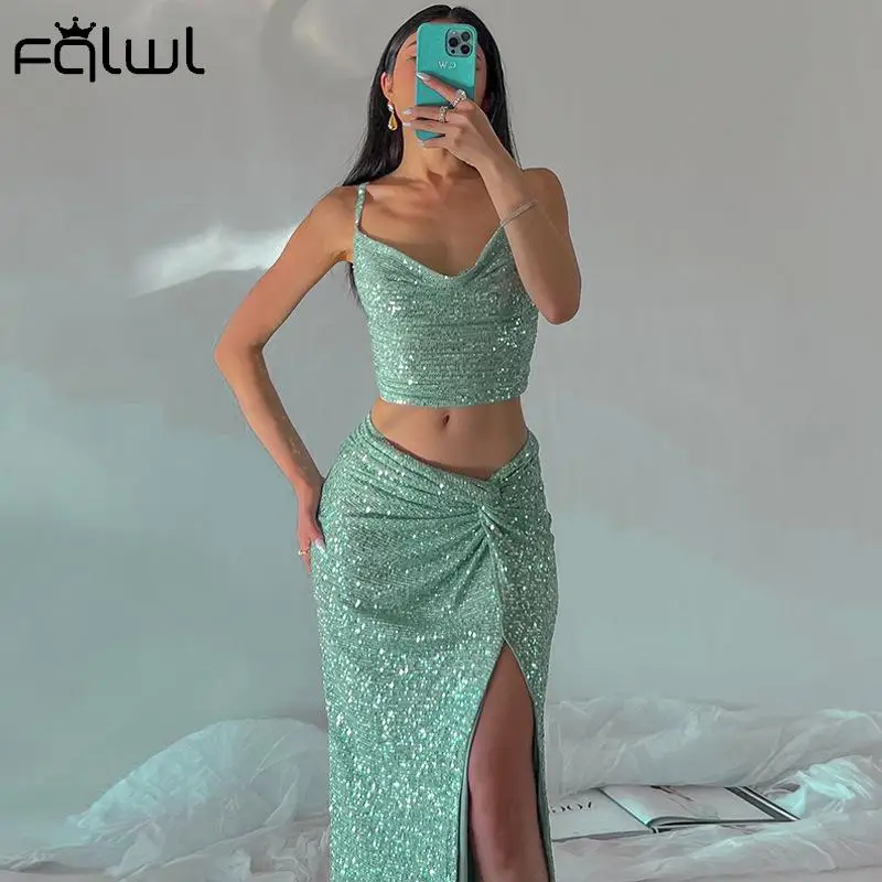 

Habbris Green Shiny Casual 2Two Piece Skirt Set Vacation Outfits For Women 2023 Fall Strapless Backelss Tank Top Skirt Split Set