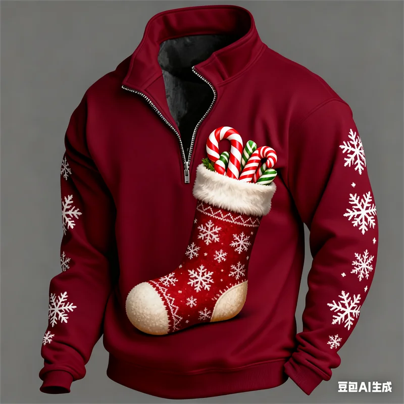 

Christmas Element Autumn Winter Casual Loose Hooded Half Zip Long Sleeve Sweatshirt Fashion Stand Collar X'mas Top Men's Clothes