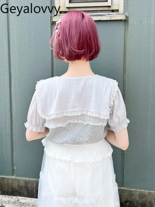 اليابانية الصيف جديد الحلو ولطيف الأزهار البحرية طوق قصيرة الأكمام تي شيرت تنوعا الدانتيل الربط المطبوعة محبوك القمم #5