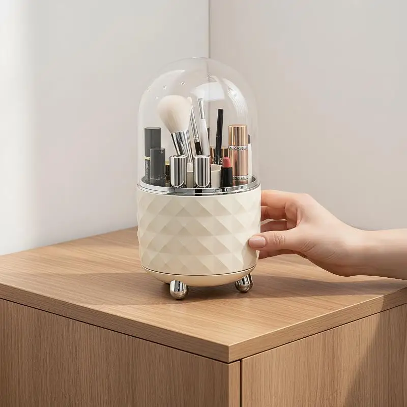360 Degree Rotating Large Capacity Makeup Brush Holder Diamond Pattern Anti-scratch Cosmetic Organizer for Desk