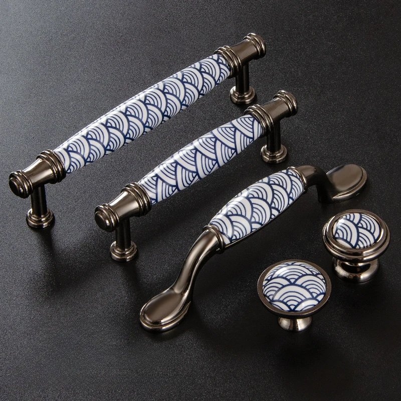 Cabinet Handle Ceramic Door Handle Painted Cabinet Drawer Wardrobe Handle Blue and White Ceramic Pattern 1 Piece with Screws