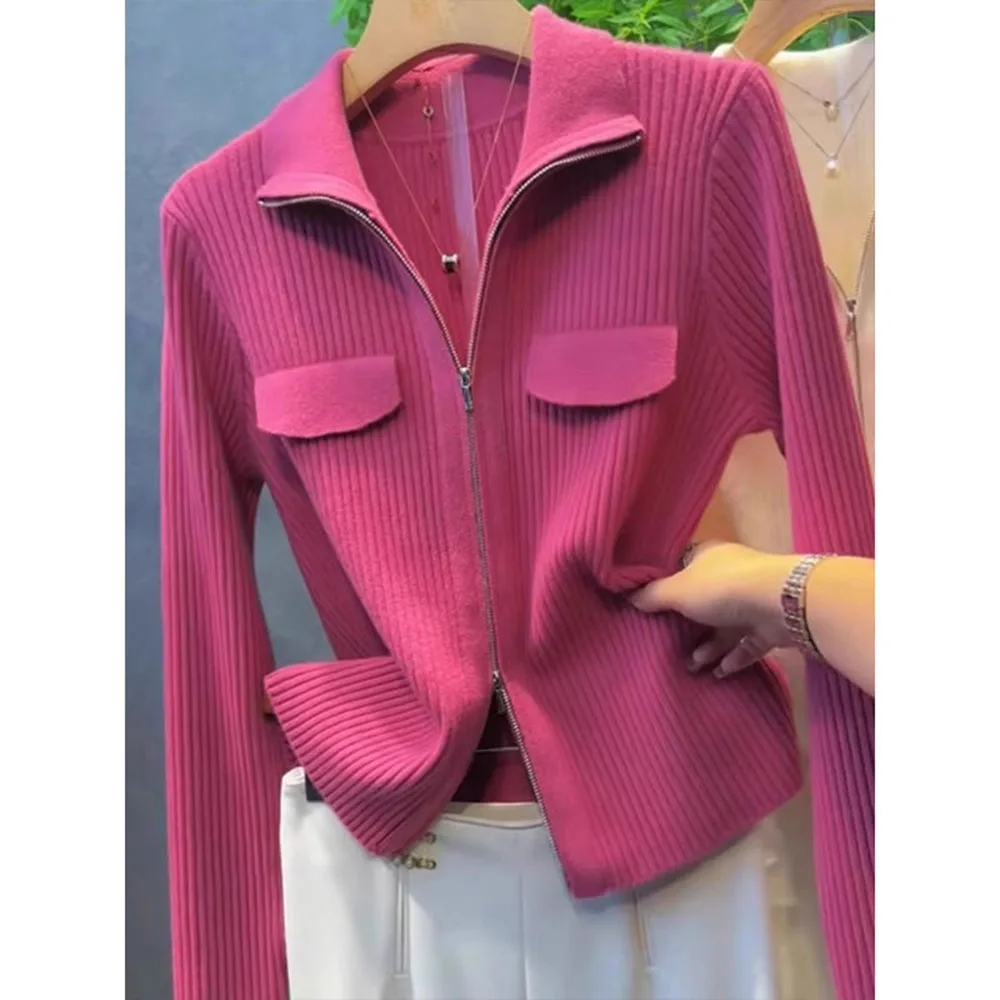 Suéter cardigan de zíper duplo feminino, casaco temperado, jaqueta estrangeira selvagem, tops femininos de malha, moda primavera e outono, novo, 2024