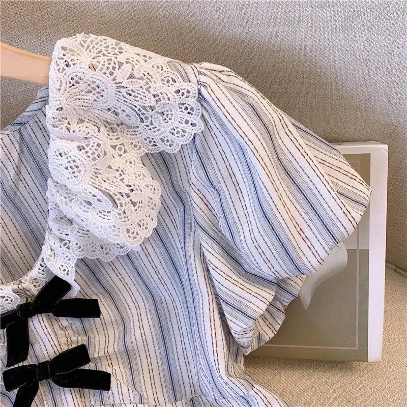Fashion V-Neck Striped Lace Bow ShoBow Rt Sleeve Shirt Summer New 2024 Contrast Color Temperament Elegant Slim Pullovers Tops
