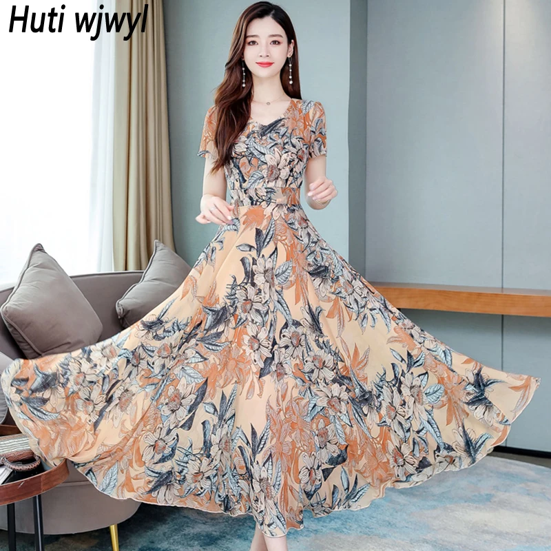 2024 Elegante Mode Bodycon Party Midi Jurk Vrouwen Bloemen Chiffon Korte Mouw V-Hals Maxi Jurk Zomer Boho Casaul Strandjurk