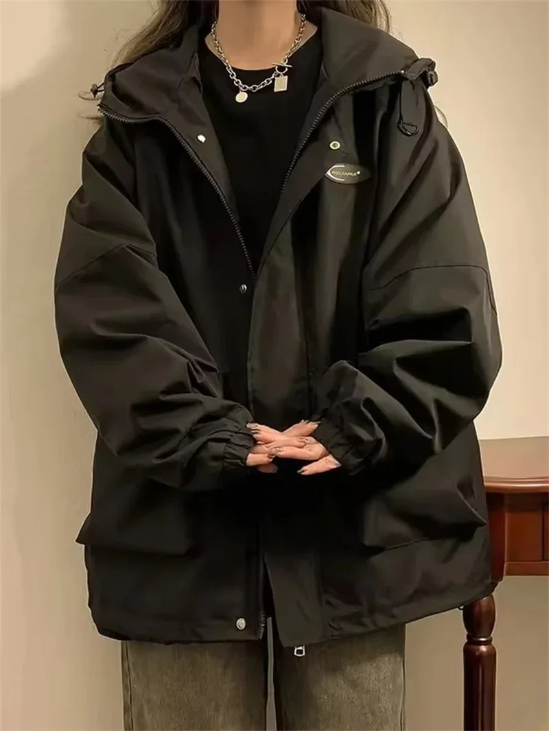 Pop Cargo Oversized Hooded Jackets Women Solid Leisure Classic Windbreaker Couple Baggy Japanese All-match Basic Casual Zipper C
