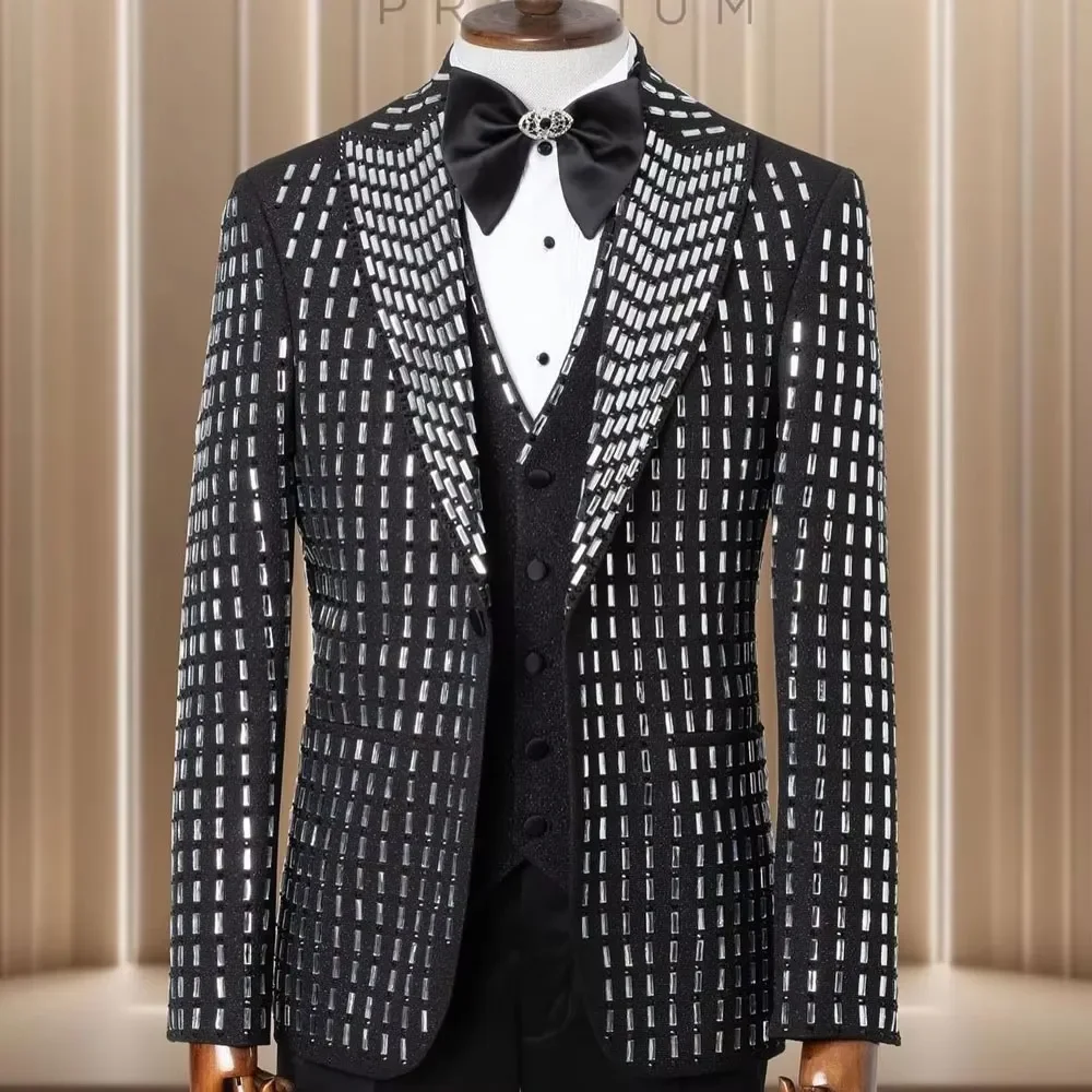 Black Suits Men For Wedding Rectangle Crystal Beaded 3 Pieces Jacket Vest Pants Groom Tuxedo Formal Business Banquet