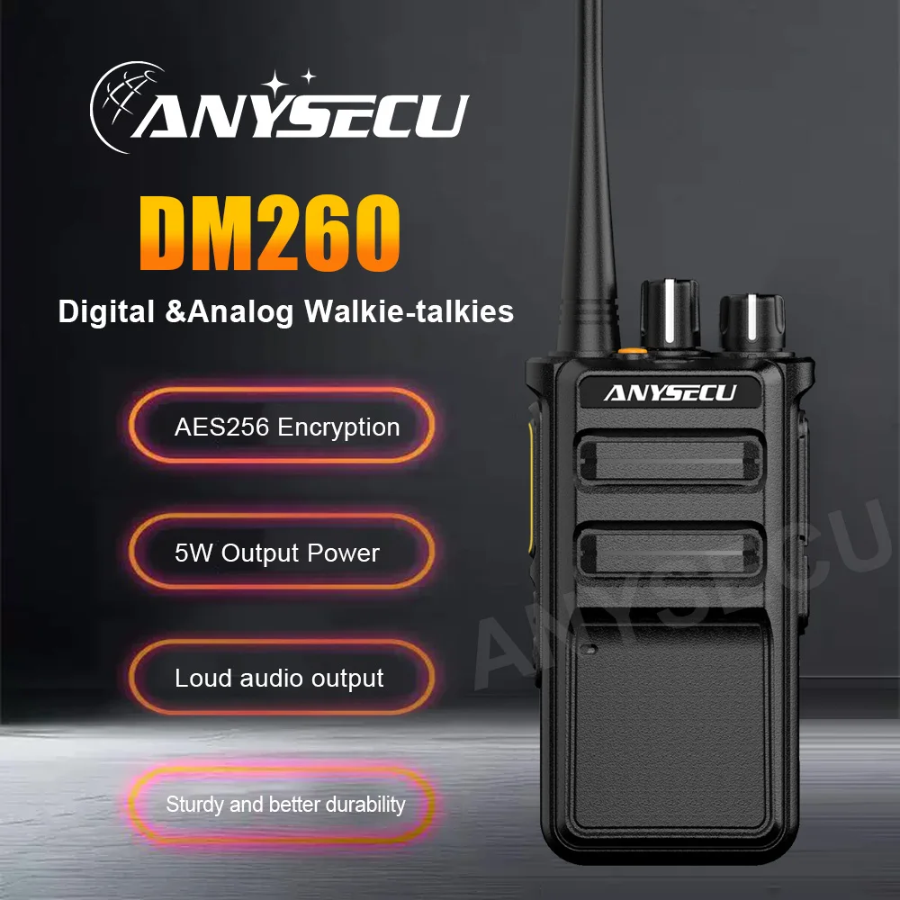 ANYSECU DM260 Analog and digital Dual AMBE+2TM Mode Portable Walkie Talkie AES256 Encryption DMR Digital Radio 5W UHF 400-470MHz