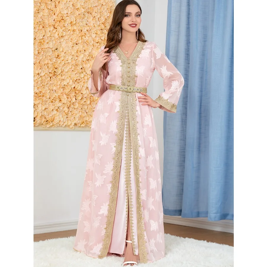 Dubai Women Luxury Abaya 2 Piece Set Ramadan Muslim V Neck Long Sleeved Kaftan Jalabiya Islam Kimono Robe Marocain Party Dresses - Image 5