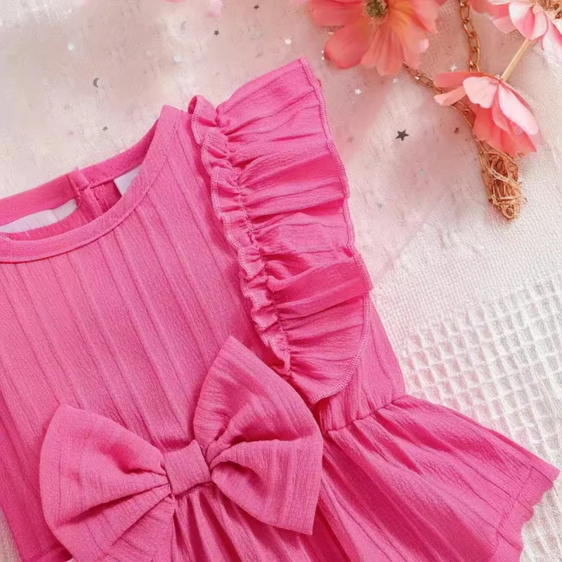 ชุดเดรสชุดเดรสเด็กผู้หญิงทารกแขนลายดอกไม้แขนกุดสีทึบมีโบว์สำหรับเด็กวัยหัดเดินเด็กผู้หญิงชุดเดรส0-3YD2L ลำลองสำหรับงานปาร์ตี้