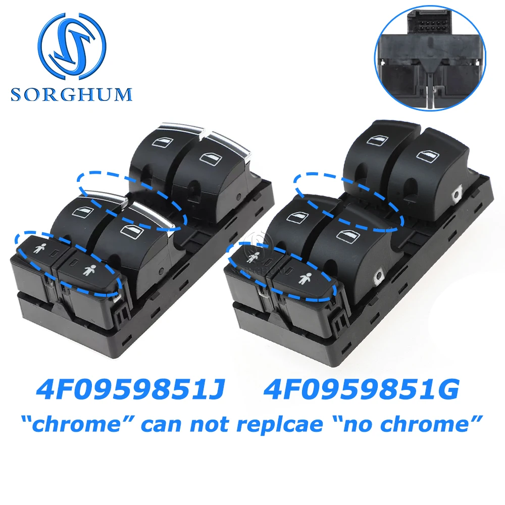 4F0959851H 4F0959851F 4F0959851J 4F0959851G For Audi A3 8p S3 A6 S6 RS6 Q7 Car Chrome Power Window Control Switch 10 Pins Red