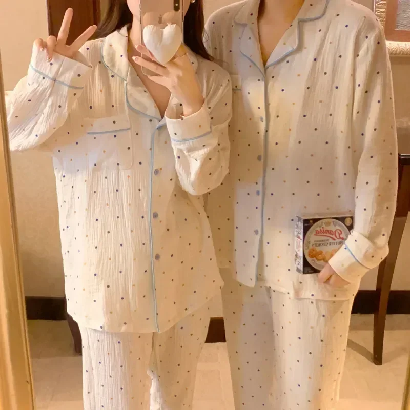 

Sleep Round Cotton Long Elegant Dot Couple Simple Kawaii Women Autumn Color Set Lovers Home Winter Tops Pajama Korean Sleeve