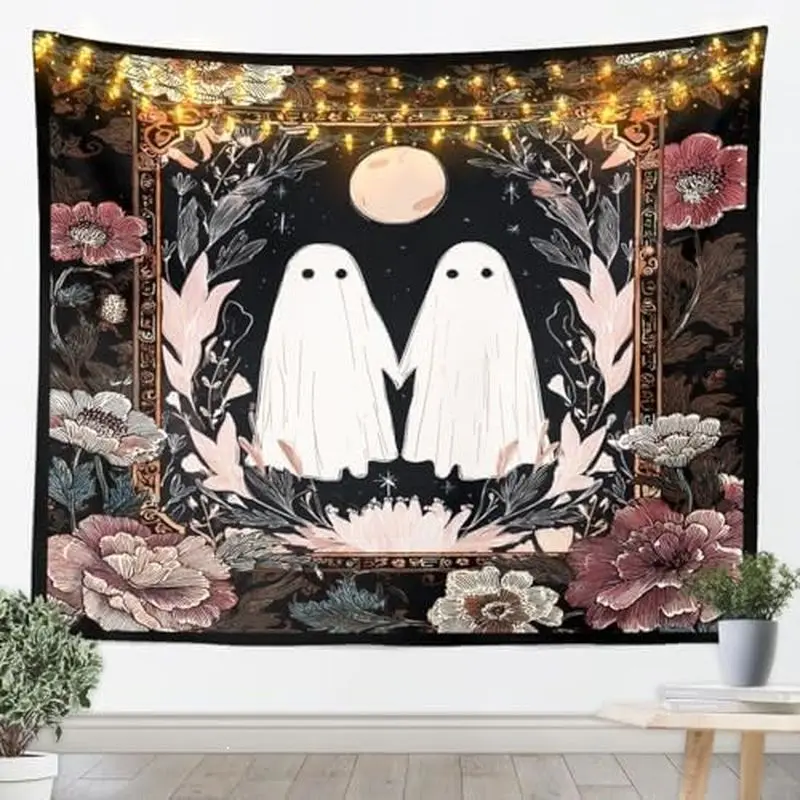 VIKAMA Cute Ghost Tapestry Wall Hanging Arch Floral Black White Witchy Cottagecore Halloween Aesthetic Wall Art Bedroom Decor