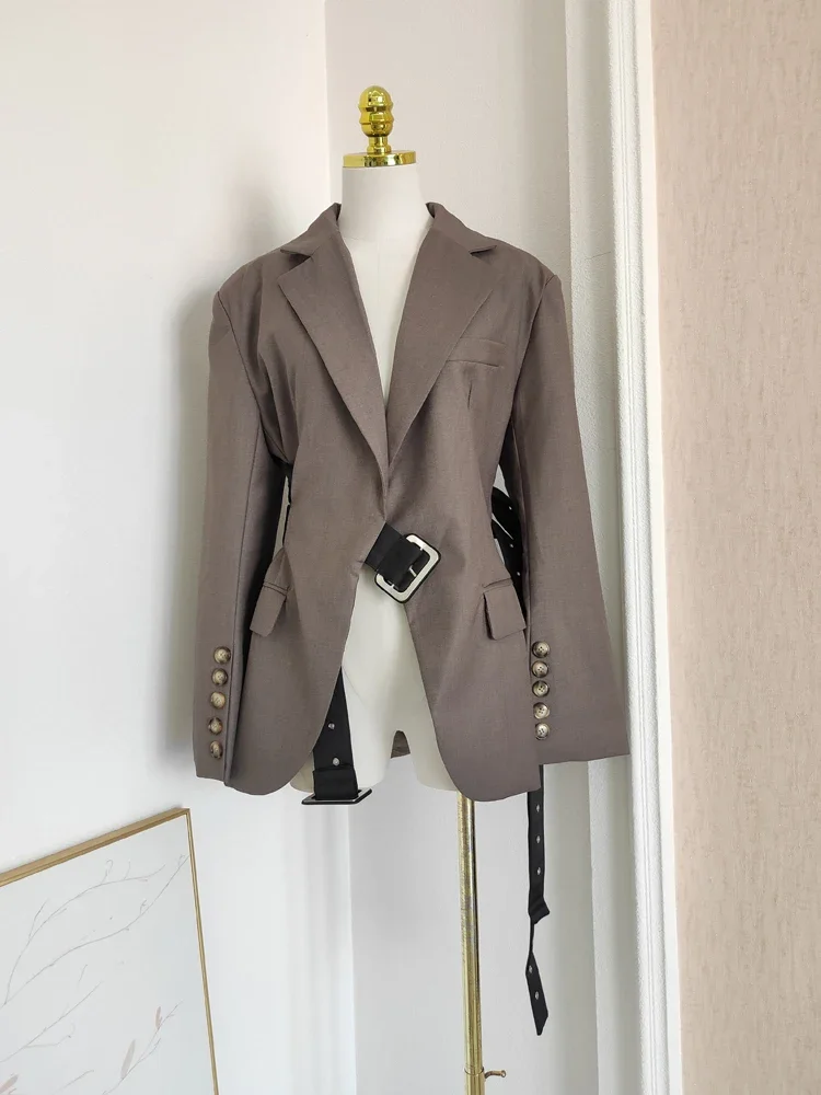 French Elegant Commuter Lapel Long Sleeve High Waist Fashion Design Double Belt Slim Fit Top Coat Blazer For Women Autumn 2024