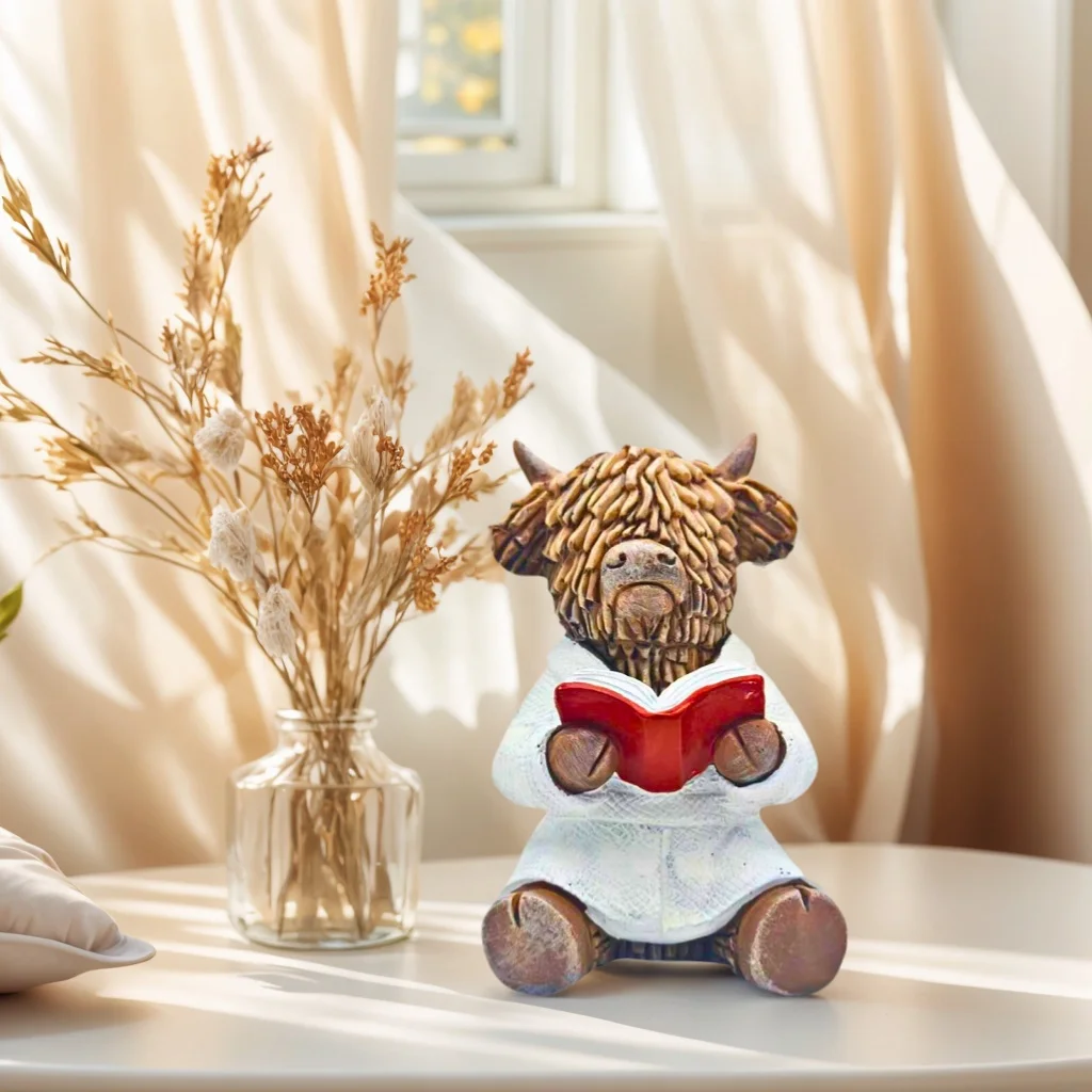 Statue décorative de vache des Highlands en train de lire, cadeau de la Saint-Valentin, parfait pour les bibliophiles, ornement de vache écossaise, décoration d'intérieur