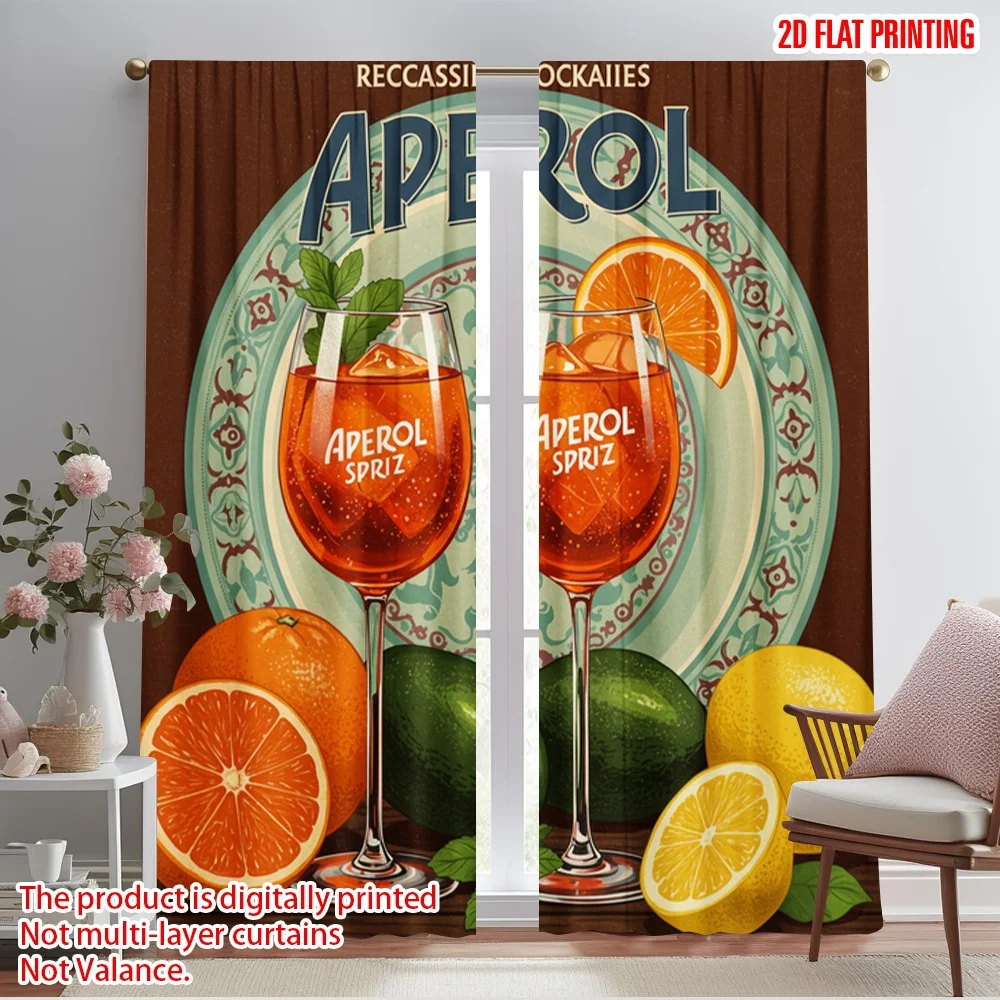 2pcs 2D flat printing Window Drapes Aperol Spritz Cocktail Vintage 100% Polyester Fabric Without Electricity Birthday Party for