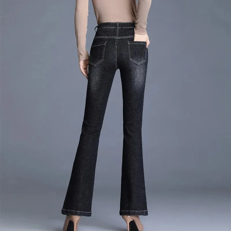 2024 New Arrivals Elegant Jeans Blue/Black Denim Trousers Mother Bell Bottom Pants Women Fashion Skinny High Waist Flare Jeans