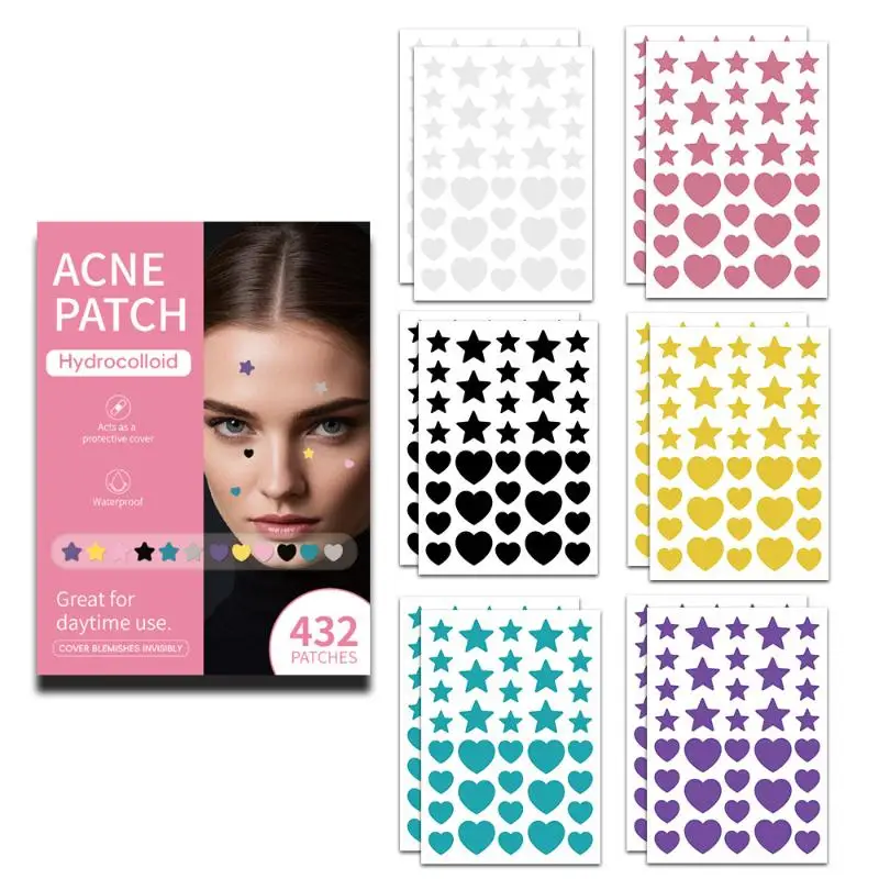 432 Stuks Puistje Patch Acne Hydrocolloid Kleurrijke Sterren Hart Onzichtbare Ademende Acne Verwijdering Acne Cover Gezicht Spot Puistje Patch